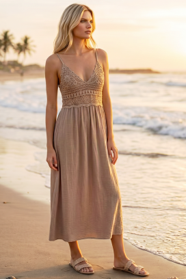 rochie midi de vară în stil boho, cu bustieră tricotată SOLANIA BEIGE