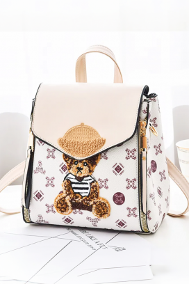 rucsac de damă cu imprimeu decorativ și ursuleț VELNORA ECRU