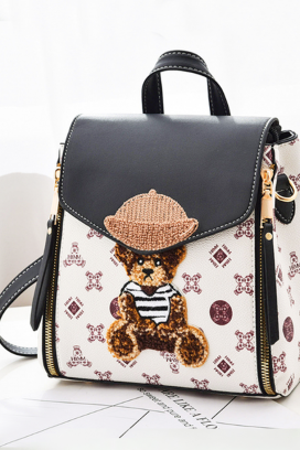rucsac de damă cu imprimeu decorativ și ursuleț VELNORA BLACK