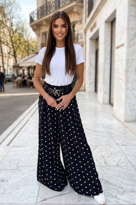 pantaloni largi de vară pentru femei,model cu buline ANTONITA BLACK