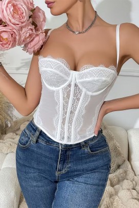 top de tip corset pentru femei, cu dantelă fină și bretele subțiri KROELIA WHITE