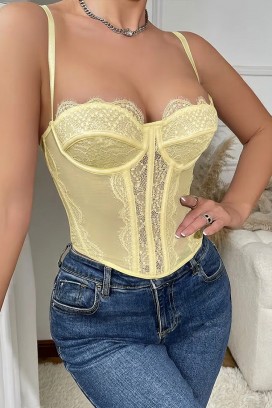top de tip corset pentru femei, cu dantelă fină și bretele subțiri KROELIA YELLOW