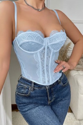 top de tip corset pentru femei, cu dantelă fină și bretele subțiri KROELIA BLUE