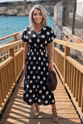rochie elegantă cu buline mari și talie accentuată ESMERIZA BLACK