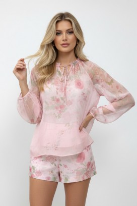 set pentru femei format din bluza și pantaloni scurți cu floral print delicat LORIAVA PINK