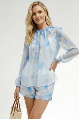 set pentru femei format din bluza și pantaloni scurți cu floral print delicat LORIAVA BLUE