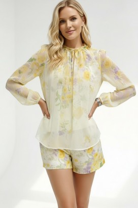 set pentru femei format din bluza și pantaloni scurți cu floral print delicat LORIAVA YELLOW