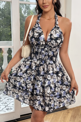 rochie scurtă cu floral print și volane vaporoase FLOVENA BLUE