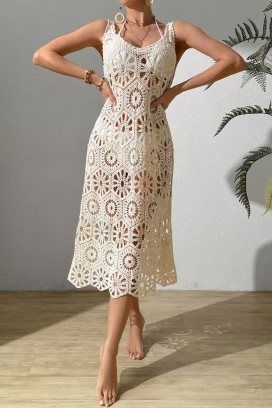 rochie midi pentru plajă tricotată cu model în stil boho KALISIMA ECRU