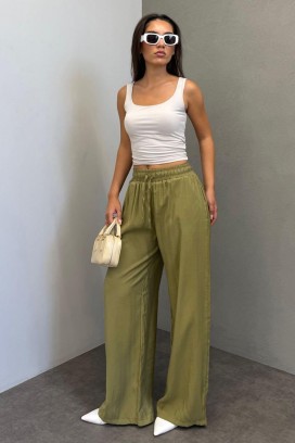 pantaloni largi pentru femei, cu talie elastică LARENTIA KHAKI