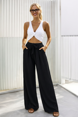 pantaloni largi pentru femei, cu legătură la talie SAMIRANA BLACK