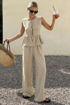 set de damă pentru viata de zi cu zi cu pantaloni largi și linie peplum NOVENTA BEIGE