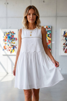rochie de vară din bumbac cu broderie ajurată KALISITA WHITE