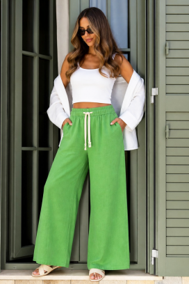 pantaloni largi pentru femei, cu talie elastică și legături FLOTINA GREEN