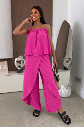 set feminin din țesătură vaporoasă, compus din un top și pantaloni largi cu suprapunere MALENTA FUCHSIA