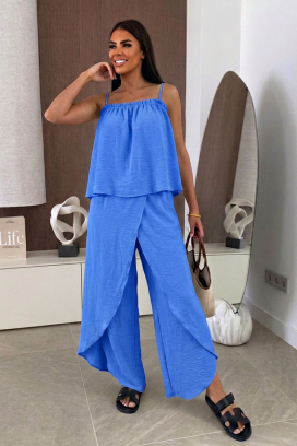 set feminin din țesătură vaporoasă, compus din un top și pantaloni largi cu suprapunere MALENTA BLUE
