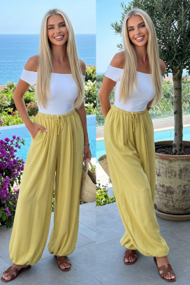 pantaloni vaporoși pentru femei, de tip balon, cu talie înaltă MEDENA YELLOW