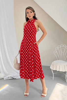 rochie pentru femei,print cu buline, spatele decupat și o siluetă elegantă NOVENTRA RED