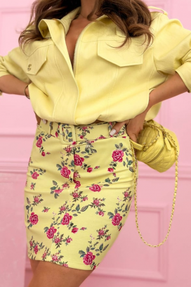 set pentru femei potrivit pentru viata de zi cu zi, format din cămașă și fustă cu floral print NORALISA YELLOW