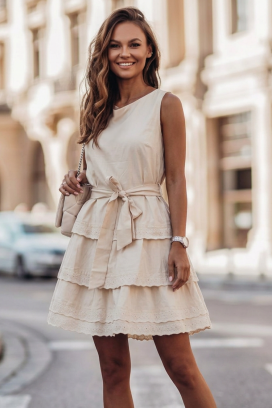 rochie scurtă romantică, cu volane și broderie delicată BIANCHELA BEIGE