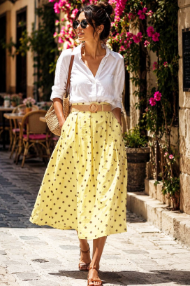 fustă midi evazată cu talie înaltă și print cu buline DANTILA YELLOW