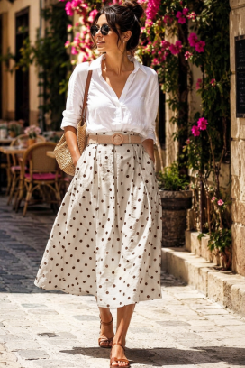 fustă midi evazată cu talie înaltă și print cu buline DANTILA BEIGE