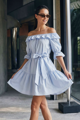 rochie scurtă romantică, cu volane și curea AMARISIA SKY