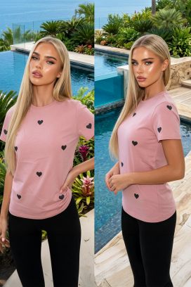 tricou din bumbac pentru femei, cu imprimeu cu inimioare VALKYRIA PUDRA