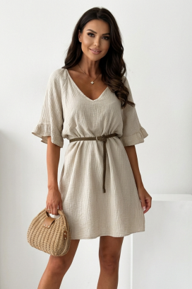rochie scurtă vaporoasă din bumbac, cu curea AMELINTA BEIGE