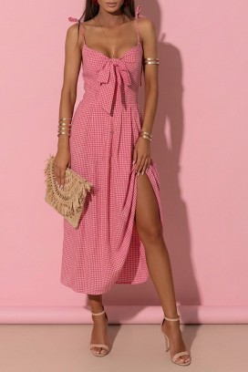 rochie midi în carouri, cu legătură în față și fante SIENIA RED