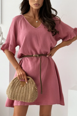 rochie scurtă vaporoasă din bumbac, cu curea AMELINTA PINK