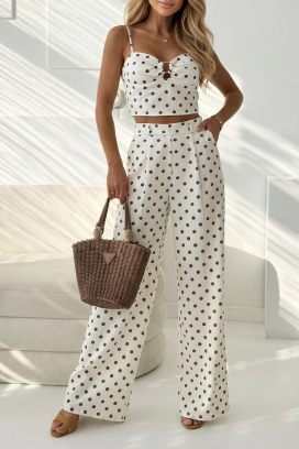 set elegant pentru femei, cu print cu buline, format din un top scurt și pantaloni largi CREMITA ECRU
