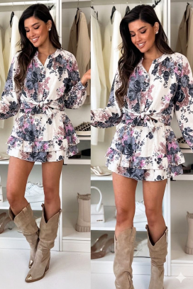 set de damă pentru fiecare zi, cu imprimeu floral și fustă în straturi GRASIELA GREY