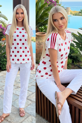 tricou pentru femei cu mâneci scurte și model cu buline DOLTINA RED