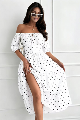 rochie vaporoasă din dantelă model cu buline fine și umeri descoperiți MARSYLIA WHITE