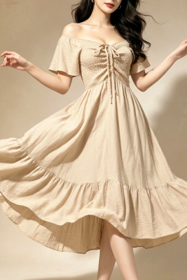 rochie midi evazata cu bandă elastică VELATINA BEIGE