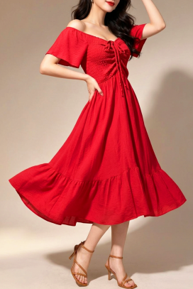 rochie midi evazata cu bandă elastică VELATINA RED