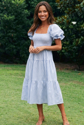 rochie midi de vară în carouri, cu mâneci bufante CARENA SKY