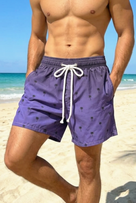 pantaloni scurți de înot pentru bărbați cu efect ombre și imprimeu cu palmieri VIKTORIO PURPLE