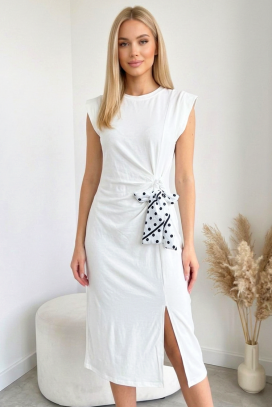 rochie midi cu fante și panglică decorativă SAVIANA WHITE
