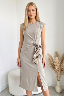 rochie midi cu fante și panglică decorativă SAVIANA BEIGE