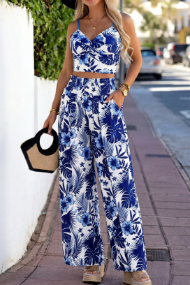 set pentru femei format din top și pantaloni largi cu model tropical AMULIANA BLUE
