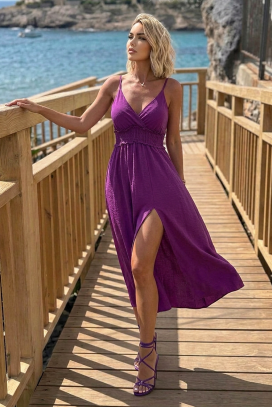 rochie midi de vară , cu bretele subțiri și talie elastică TIMINA PURPLE
