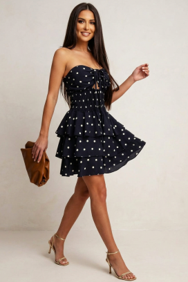 rochie scurtă romantică, cu buline și volane spectaculoase ROSABELA BLACK