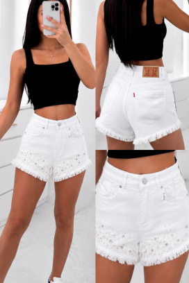 pantaloni scurți din denim pentru femei, cu perle decorative și detalii strălucitoare PERLANSA WHITE