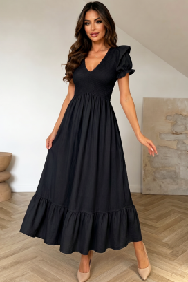 rochie lungă, vaporoasă, cu mâneci bufante și volan BOFINA BLACK