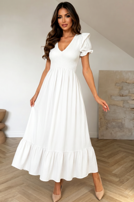 rochie lungă, vaporoasă, cu mâneci bufante și volan BOFINA WHITE