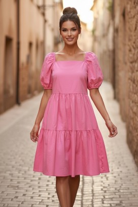 rochie midi evazată cu decolteu pătrat și mâneci voluminoase SELENASA PINK