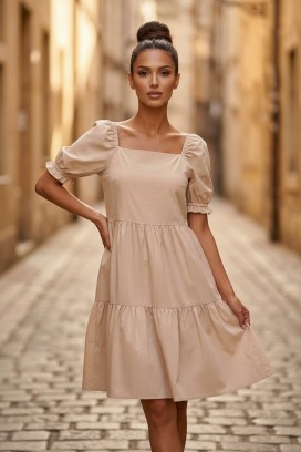 rochie midi evazată cu decolteu pătrat și mâneci voluminoase SELENASA BEIGE
