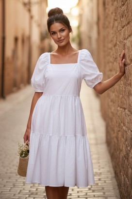 rochie midi evazată cu decolteu pătrat și mâneci voluminoase SELENASA WHITE